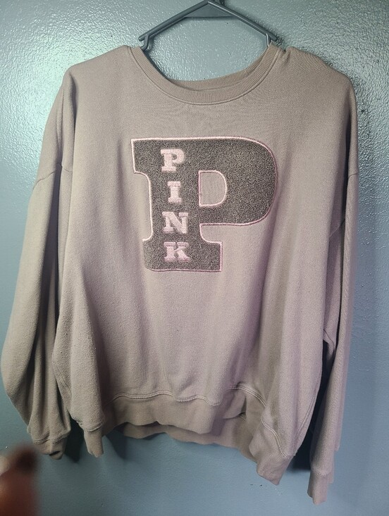 PINK Victoria's Secret Tops - PINK Victoria's Secret Taupe Crewneck Sweatshirt with Chenille Patch